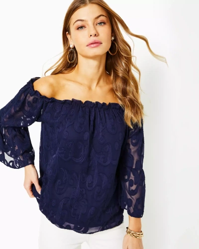 Lilly Pulitzer Nevie Off-the-shoulder Top In True Navy Poly Crepe Swirl Clip