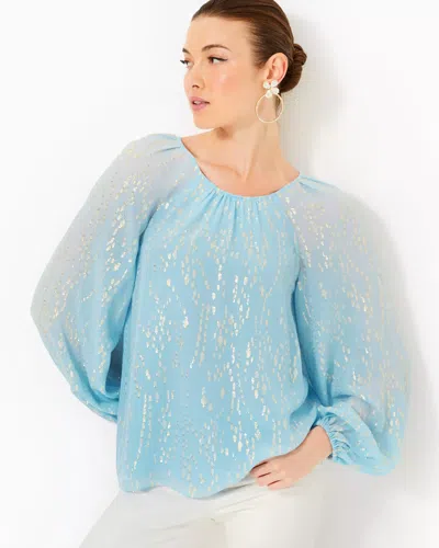 Lilly Pulitzer Noraleen Silk Top In Bonaire Blue Fish Clip Chiffon