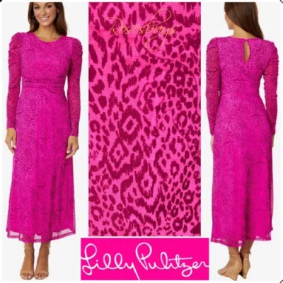 Pre-owned Lilly Pulitzer Preslie Mesh Midi Dress Med, Xl In Cerise Pink Pattern Play