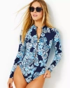 Lilly Pulitzer Randee Rashguard One-piece Swimsuit In Low Tide Navy Bouquet All Day Swim