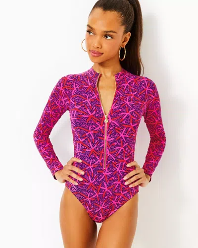 Lilly Pulitzer Randee Rashguard One-piece Swimsuit In Passion Fruit Pink Star Searching