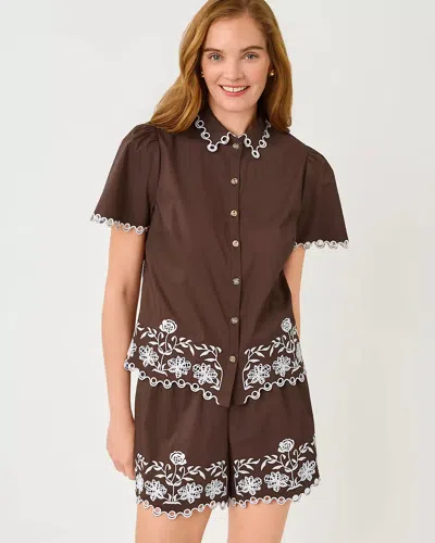 Lilly Pulitzer Rikki Short Sleeve Top In Coco Beach Marni Embroidered Poplin In Brown