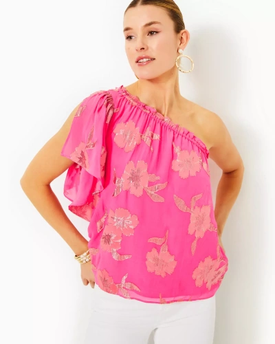 Lilly Pulitzer Saraleigh One-shoulder Top In Roxie Pink Anniversary Silk Clip