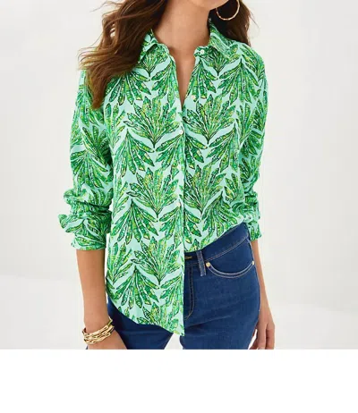 LILLY PULITZER SEA VIEW BUTTON DOWN SHIRT IN KITTS GREEN SHADY BABE