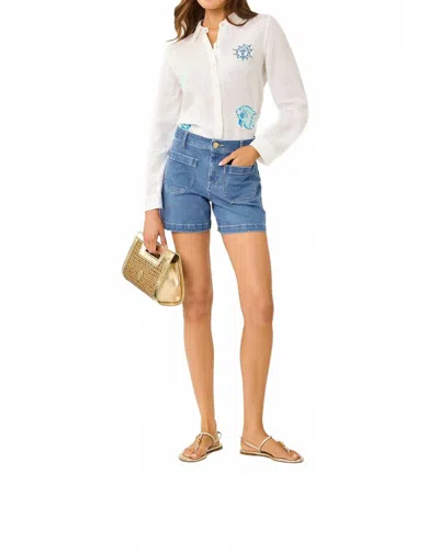 Lilly Pulitzer Sea View Button Down Top In Resort White Throw Me A Line Embroidery In Animal Print