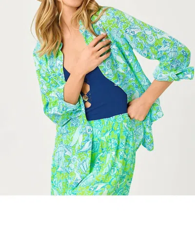 Lilly Pulitzer Sea View Linen Button Down Shirt In Day Dream Blue Throw Me A Line In Green