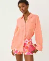 Lilly Pulitzer Sea View Linen Button Down Shirt In Sunset Orange X Resort White