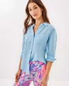 Lilly Pulitzer Sea View Linen Button Down Top In Blue Peri X Resort White