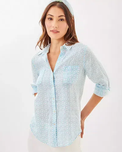 Lilly Pulitzer Sea View Linen Button Down Top In Bluette X Resort White Butterfly Pattern