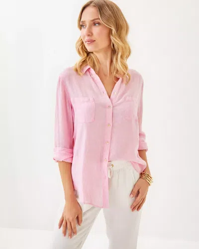 Lilly Pulitzer Sea View Linen Button Down Top In Conch Shell Pink X Resort White