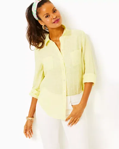 Lilly Pulitzer Sea View Linen Button Down Top In Finch Yellow You Drive Me Daisy Embroidered Linen