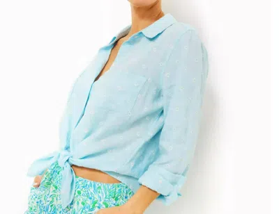 Lilly Pulitzer Sea View Linen Button Down Top In Hydra Blue You Drive Me Daisy Embroidered Linen Selected In Multi