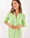 Lilly Pulitzer Sea View Linen Button Down Top In Jade Lime X Resort White