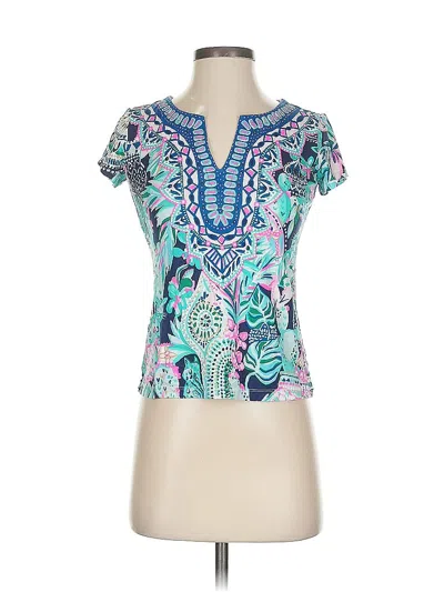 Pre-owned Lilly Pulitzer Short Sleeve Top Teal Keyhole Neckline Tops In Blue