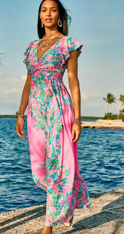 Pre-owned Lilly Pulitzer Size 14 Verona Maxi Dress Casa Jaguar Havana Pink