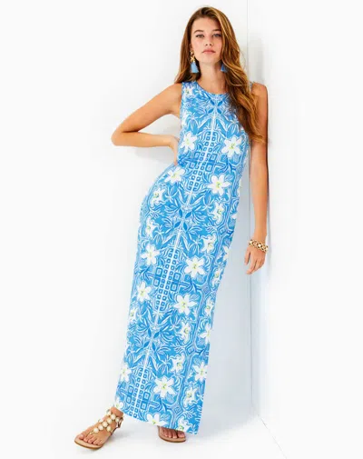 Pre-owned Lilly Pulitzer Size Medium Noelle Maxi Dress My Flutter Half Lunar Blue