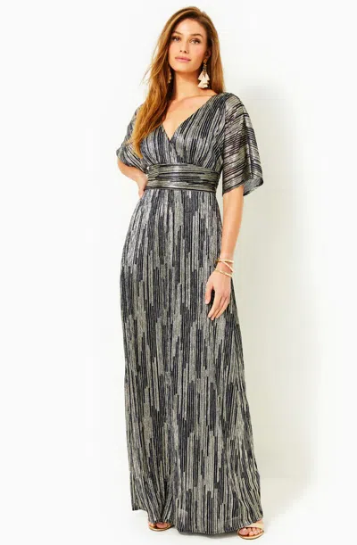 Pre-owned Lilly Pulitzer Size Small Parigi Maxi Dress True Navy X Gold Exquisite