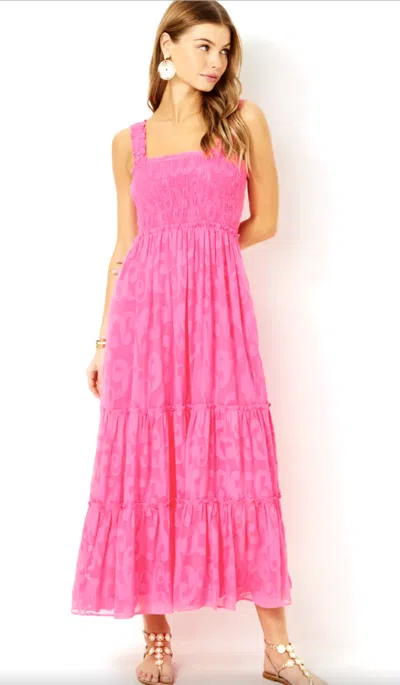Pre-owned Lilly Pulitzer Size X-large Hadly Smocked Maxi Dress Crepe Swirl? In Pink