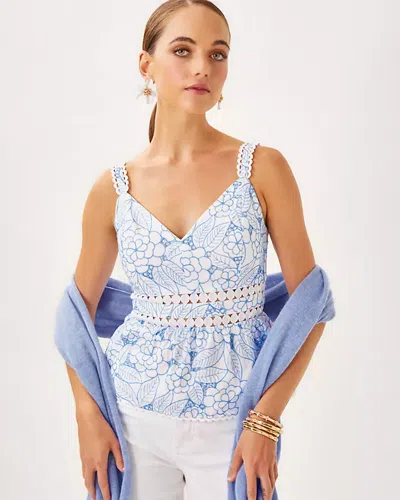 Lilly Pulitzer Tiah Eyelet Top In Sunwashed Blue Sunshowers Embroidery