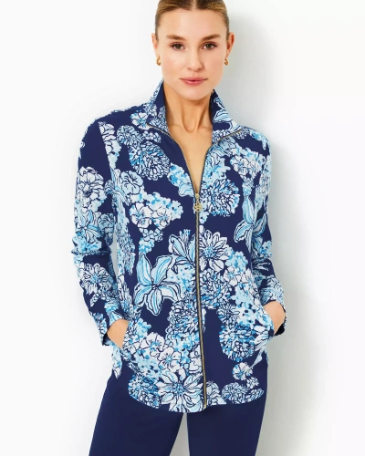 Lilly Pulitzer Upf 50+ Leona Zip-up Jacket In Low Tide Navy Bouquet All Day