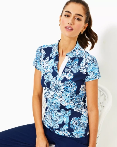 Lilly Pulitzer Upf 50+ Luxletic Frida Polo Top In Low Tide Navy Bouquet All Day