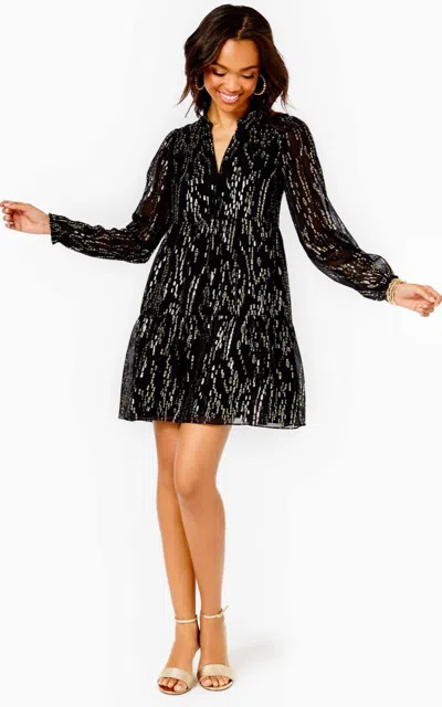 Pre-owned Lilly Pulitzer Winona Silk Dress Onyx Fish Clip Gold Chiffon $298 S,l,xl