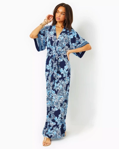 Lilly Pulitzer Wisteria V-neck Maxi Dress In Low Tide Navy Bouquet All Day Engineered Knit Maxi Dre