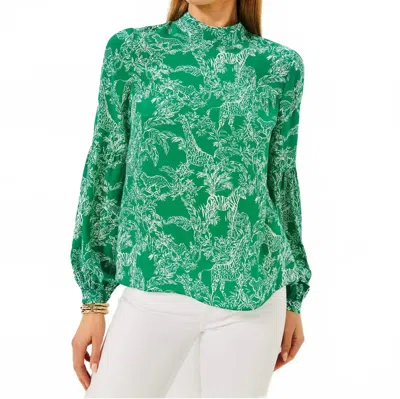Lilly Pulitzer Witaker Silk Top In Fiddle Leaf Green Safari Party