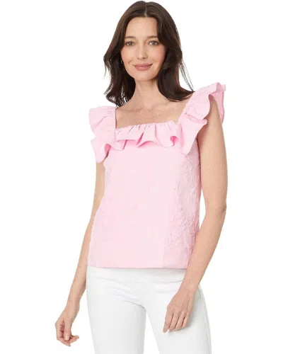 Lilly Pulitzer Women's  Zoya Top Pink Jacquard Ruffle Trim Square Neck Gbo832 In Multi