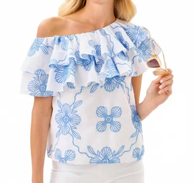 Lilly Pulitzer Women's Trixie One Shoulder Ruffle Top In Sunwashed Blue Al Fresco Dot Embroidery