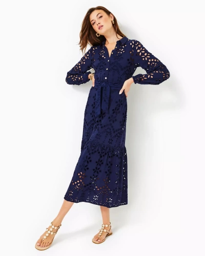 Lilly Pulitzer Zia Eyelet Midi Shirtdress In True Navy Soiree Eyelet