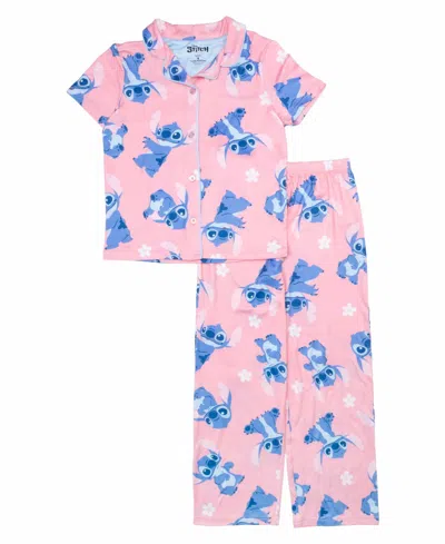 Lilo Stitch Kids' Little And Big Girls Short Sleeve Button Down Sleep Shirt And Open Leg Pant, 2-piece Pajama Set In Assorted