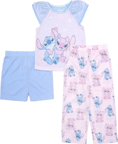 Lilo Stitch Kids' Toddler Girls Short Frill Sleeve Tank, Shorts, And Open Leg Pant, 3-piece Pajama Set In Assorted
