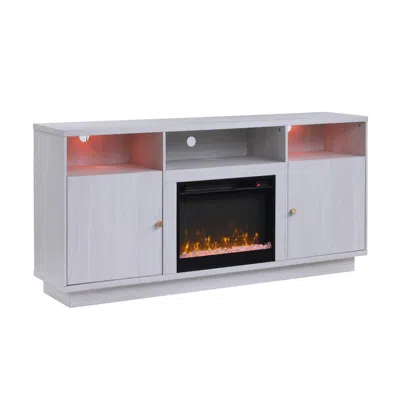 Lilola Home 70"w White Walnut Finish Fireplace Console Tv Stand With Led Light, Cabinets