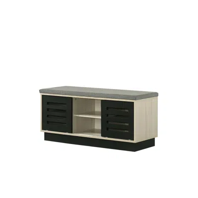 Lilola Home Brett 38.5"w Oak Finish Shoe Cabinet With Sliding Doors, Upholstered Top In Black
