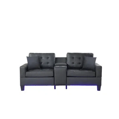 Lilola Home Genesis 85"w Black Pvc Fabric Sofa With Led Lights, Usb Charger, Storage Console, Cupholders, Tufted