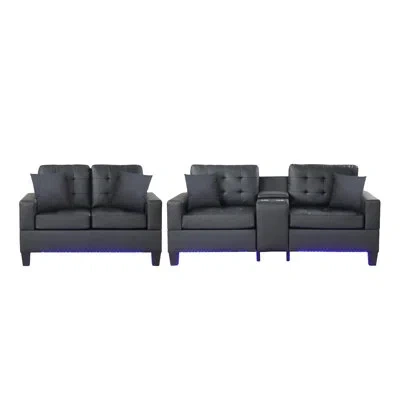 Lilola Home Genesis Black Pvc Fabric Sofa Loveseat Living Room Set With Led Lights, Usb Charger, Storage Console
