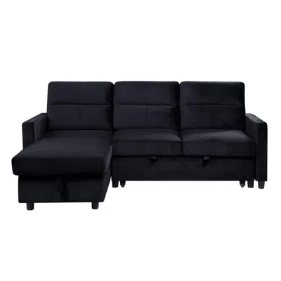 Lilola Home Ivy Black Velvet Reversible Sleeper Sectional Sofa With Storage Chaise And Side Pocket