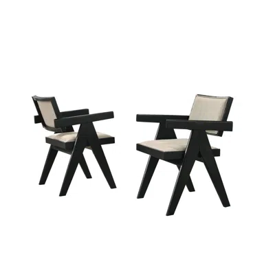 Lilola Home Jasper 21"w Set Of 2 Ebony Black Dining Arm Chairs With Beige Upholstered Seat