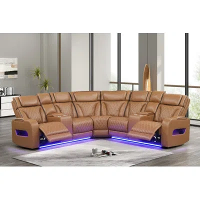 Lilola Home Jazz 116" Light Brown Leather Aire Transformer Power Reclining Sectional Sofa With Power Headrest, B