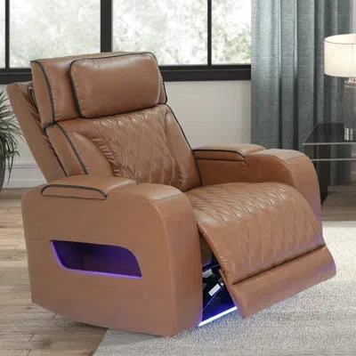 Lilola Home Jazz 38" Light Brown Leather Aire Transformer Power Reclining Chair With Power Headrest, Led Lights,