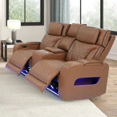 Lilola Home Jazz 74" Light Brown Leather Aire Transformer Power Reclining Loveseat With Power Headrest, Bluetoot