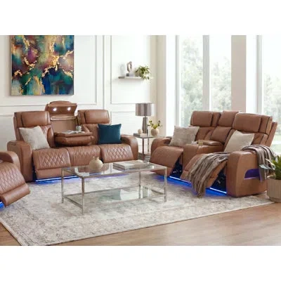 Lilola Home Jazz Light Brown Leather Aire Transformer Power Reclining Sofa & Loveseat Living Room Set With Power