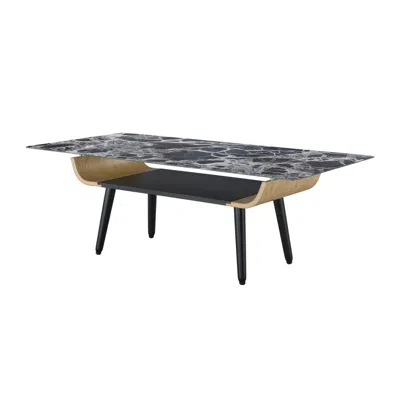 Lilola Home Landon Coffee Table With Glass Black Marble Texture Top And Bent Wood Design