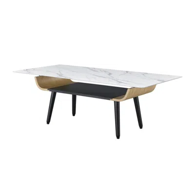 Lilola Home Landon Coffee Table With Glass White Marble Texture Top And Bent Wood Design
