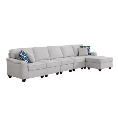 Lilola Home Leo Light Gray Linen 6 Seater Sofa & Ottoman
