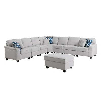 Lilola Home Leo Light Gray Linen 8pc Modular L-shape Sectional Sofa And Ottoman