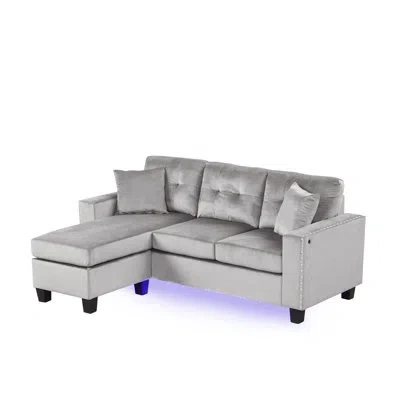 Lilola Home Sorenza 74"w Pvc Reversible Sectional Sofa Chaise With Led Light, Usb Port, Nailhead Trim, Throw Pil In Gray Velvet