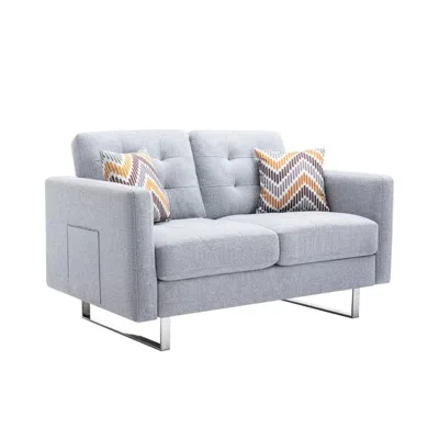 Lilola Home Victoria Light Gray Linen Fabric Loveseat With Metal Legs, Side Pockets, And Pillows