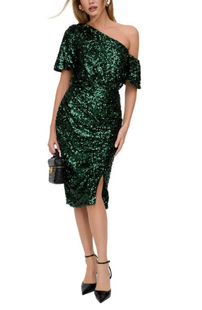 Lily And Lionel London Nola Asymmetric Off Shoulder Sequins Midi Dress In Green